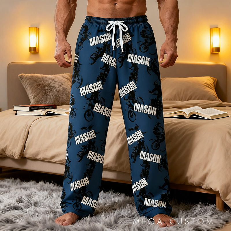 Personalized Motorcycle Pajama Pants with Custom Name Design