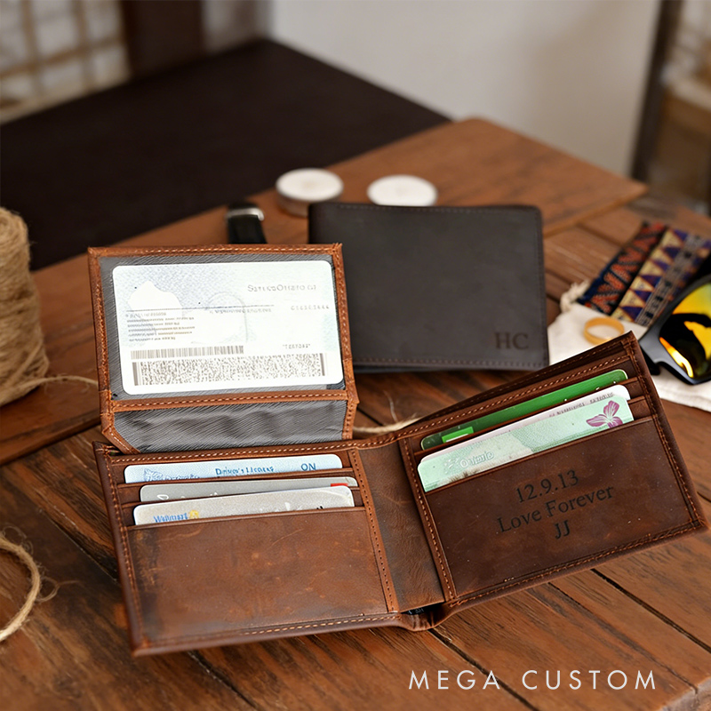 Personalized Handcrafted Leather Mens Wallet Anniversary Gift for Husband Dad