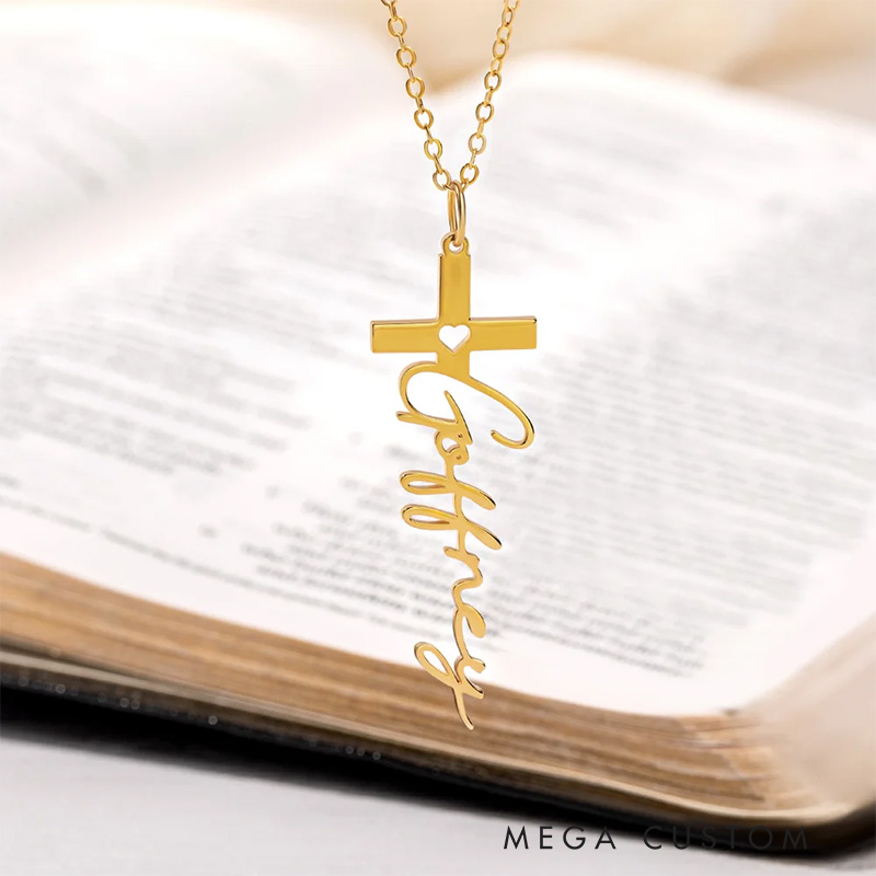 Personalized Dainty Hollow Love Cross Necklace with Name Birthday Gift Church Gift Baptism Gift for Christian Women