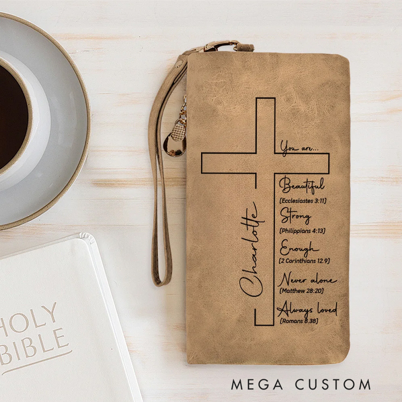 Personalized Cross Bible Verse Wristlet Tri-fold Leather Wallet with Name and Card Slots Birthday Baptism Gift for Christians Women