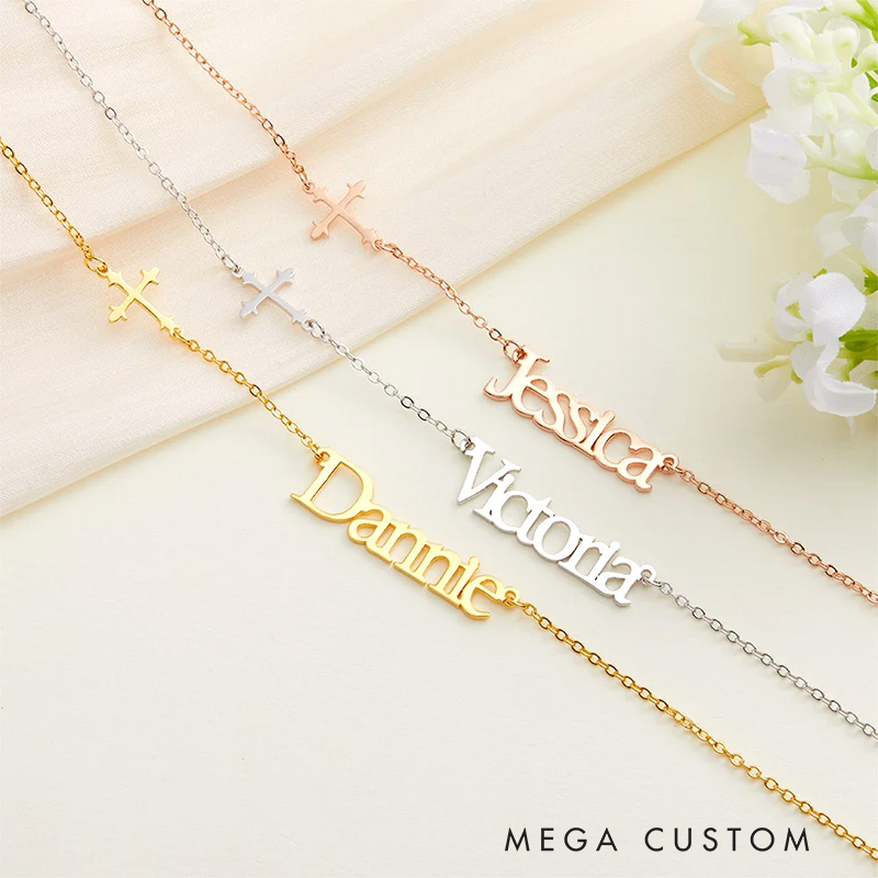 Personalized Minimalist Sideway Cross Necklace with Name Religious Jewelry Christening Baptism Gift Birthday Gift for Her