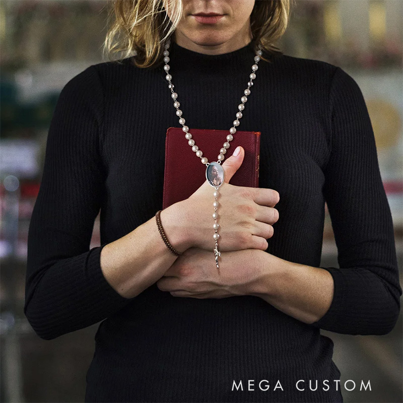 Personalized Multi-Color Rosary Beads Necklace with Photo Cross Pendant Memorial Gift for Women Catholic Rosary Necklace Loss Gifts