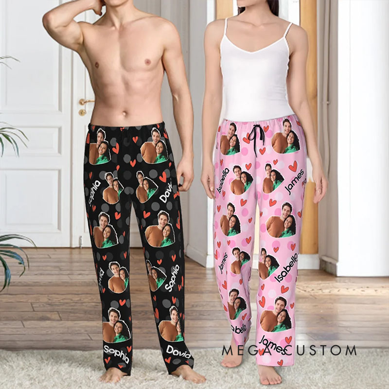 Personalized Valentine's Day Couple Faces Matching Pajama Pants Photo Pjs Bottoms for Women Men Anniversary Gift for Boyfriend Girlfriend