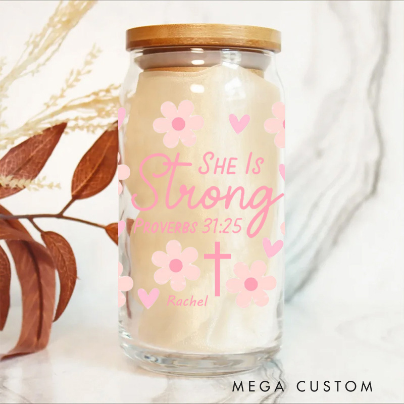 Personalized She is Strong Proverbs 31:25 Glass Cup with Lid and Straw Floral and Cross Custom Name Coffee Cup Inspirational Gift for Christian Women
