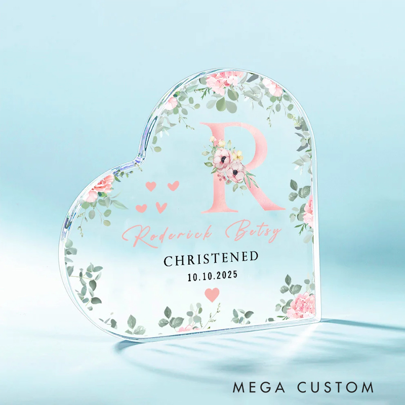 Personalized Floral Initial Heart-Shaped Acrylic Plaque with Name and Text Baptism Birthday Gift for Christian