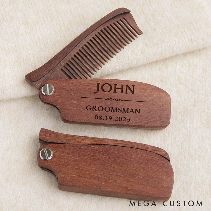 Personalized Groomsmen Portable Folding Comb Engraved Wooden Beard Comb Groomsmen Gifts for Him