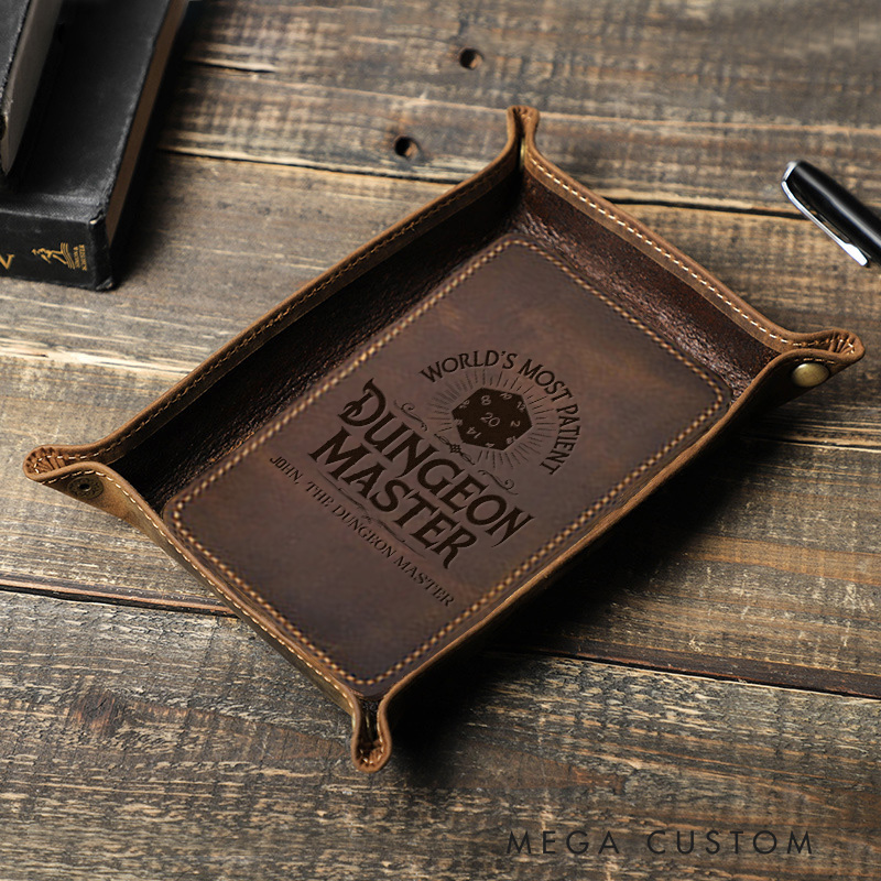 Personalized Dungeon Master Leather Tray Game D20 Dice Tray Gifts for Him Game Lovers 