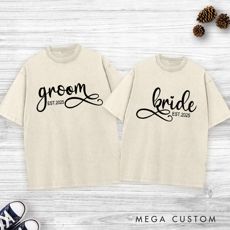 Personalized Elegant Bride and Groom with Year Matching Wedding Couple Washed T-Shirt