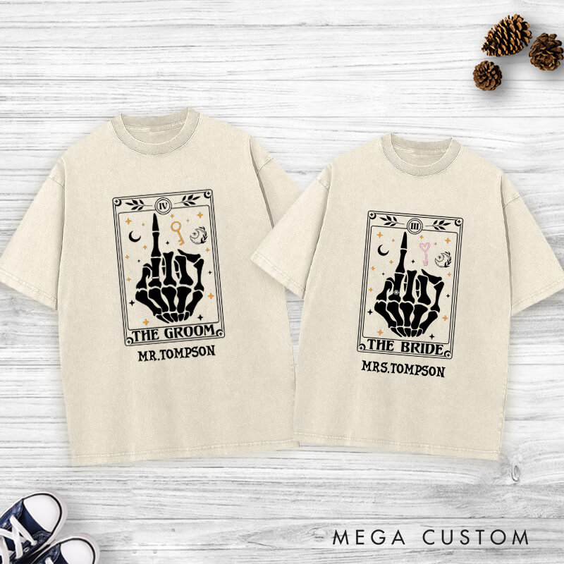 Personalized Tarot Card Skeleton Funny Gesture Bride and Groom Wedding Couple Washed T-Shirt