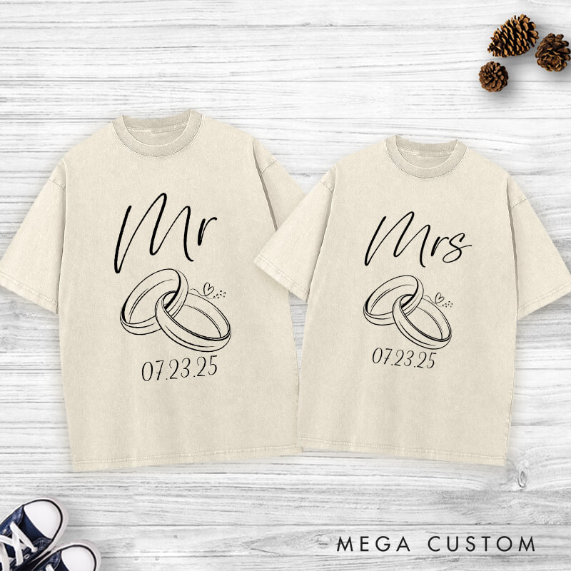 Personalized Minimalist Mr and Mrs with Rings and Heart Wedding Couple Washed T-Shirt