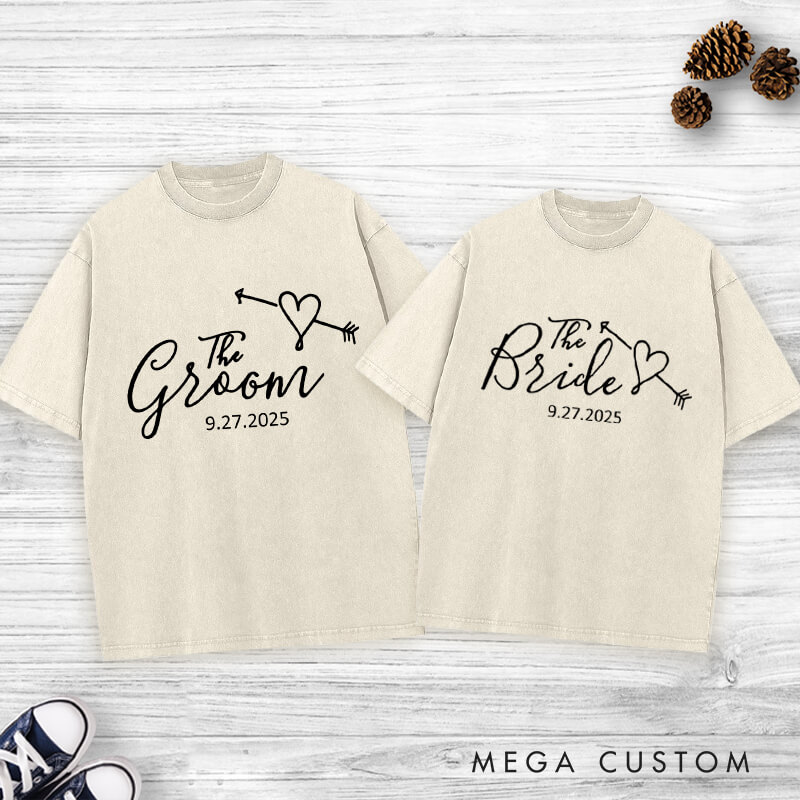 Personalized Romantic The Bride and The Groom with Heart Arrow Matching Wedding Couple Washed T-Shirt