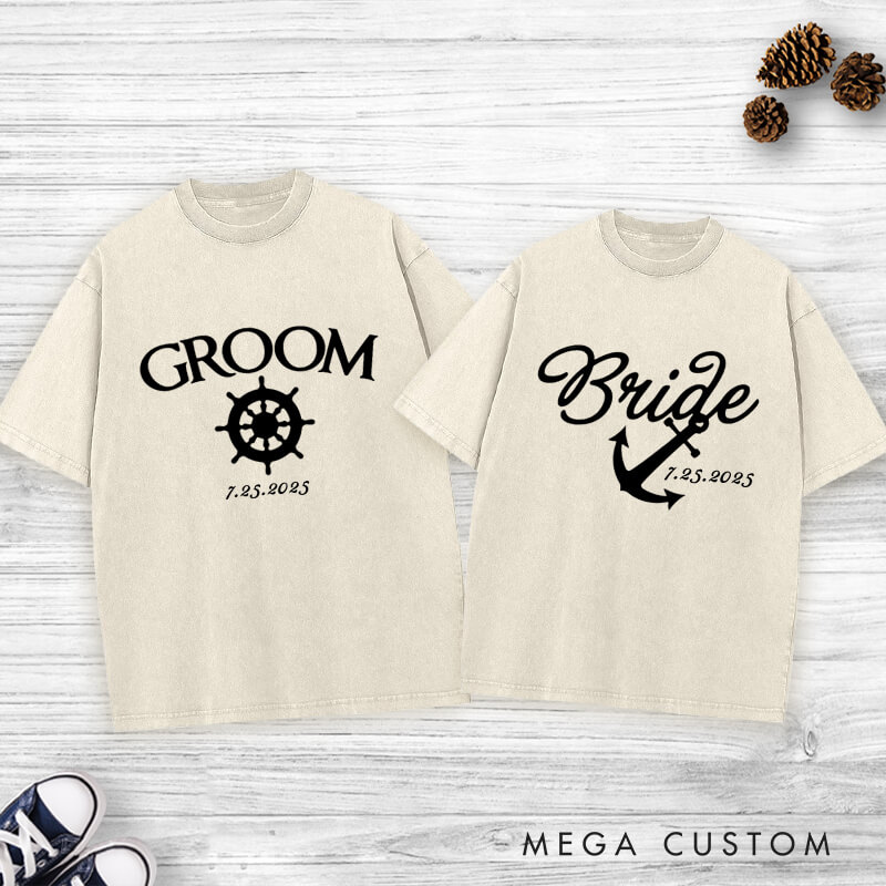 Personalized Elegant Nautical Bride and Groom with Anchor and Helm Matching Wedding Couple Washed T-Shirt