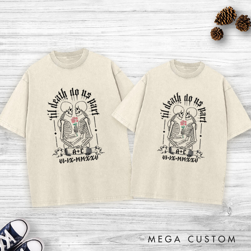 Personalized Romantic Gothic Skeleton 'Til Death Do Us Part Matching Wedding Couple Washed T-Shirt