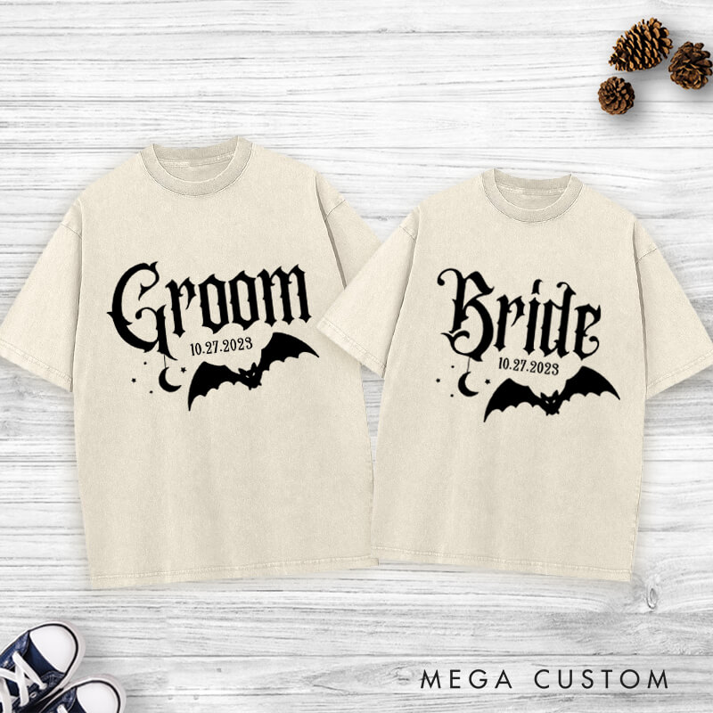 Personalized Halloween-Inspired Gothic Bride and Groom with Bat and Moon Matching Wedding Couple Washed T-Shirt