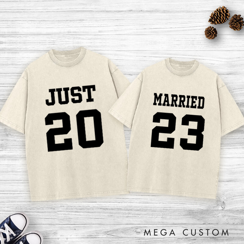 Personalized Bold Sports-Inspired Just Married Matching Wedding Couple Washed T-Shirt