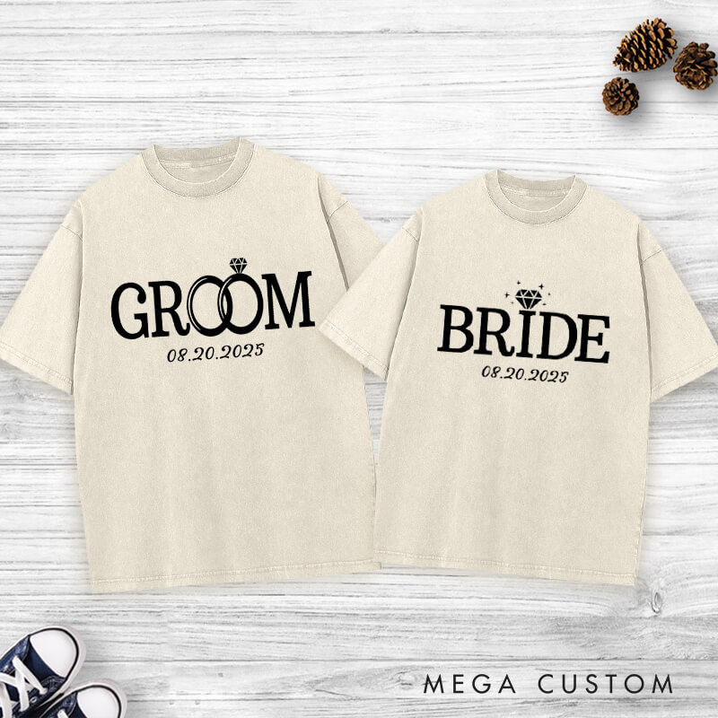 Personalized Elegant Bride and Groom with Rings Matching Wedding Couple Washed T-Shirt