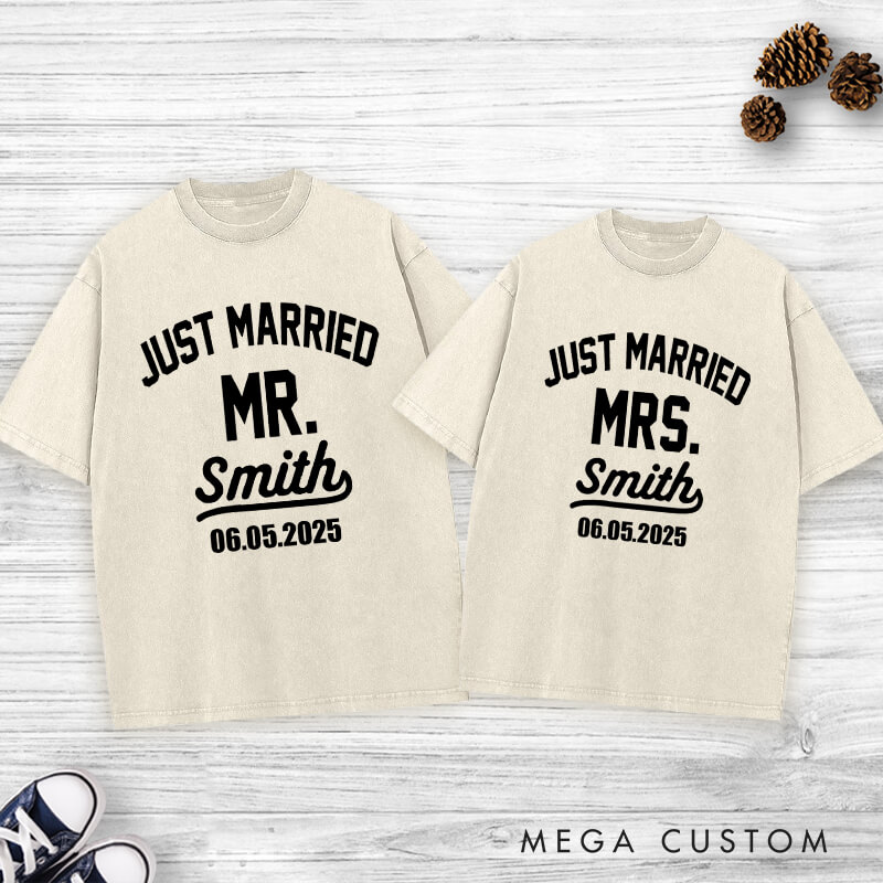 Personalized Classic Just Married Mr and Mrs with Date Wedding Couple Washed T-Shirt