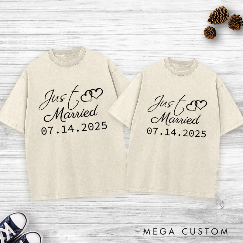Personalized Elegant Just Married with Hearts Wedding Couple Washed T-Shirt