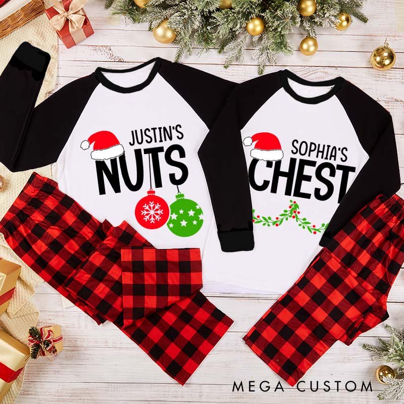 Personalized Couple Funny Nuts and Chest Xmas Matching Pajamas Christmas Matching Pjs for Husband Wife Boyfriend Girlfriend