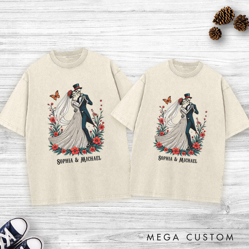 Personalized Romantic Dancing Skeleton Matching Wedding Couple Washed T-Shirt