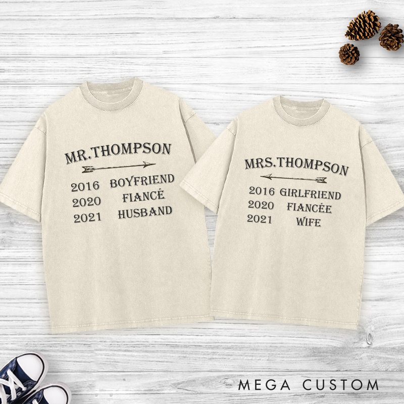 Personalized Mr and Mrs Milestone Journey with Arrow Matching Wedding Couple Washed T-Shirt