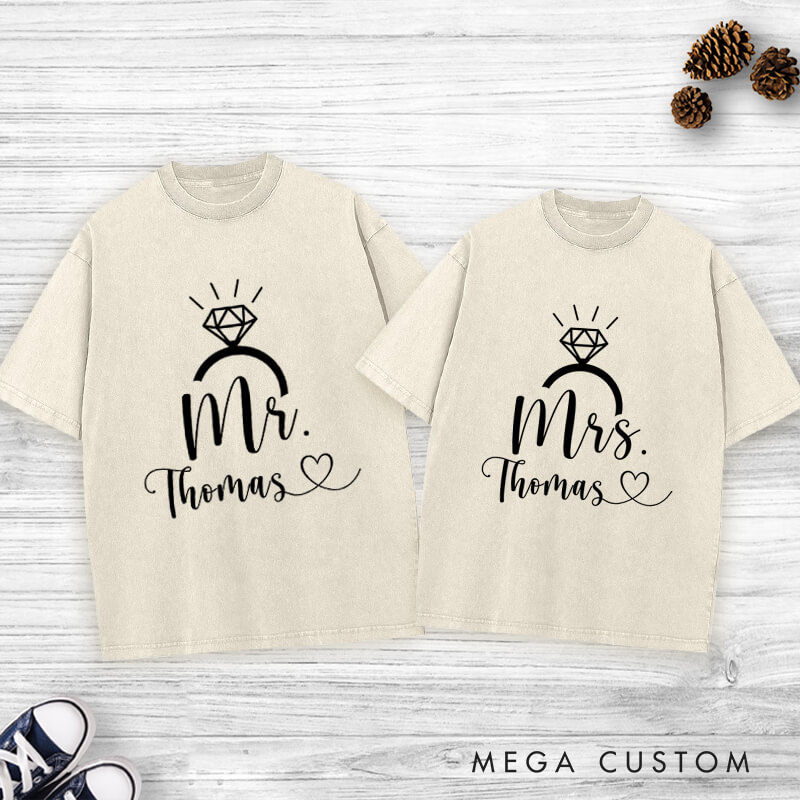 Personalized Elegant Mr and Mrs with Diamond Ring Wedding Couple Washed T-Shirt