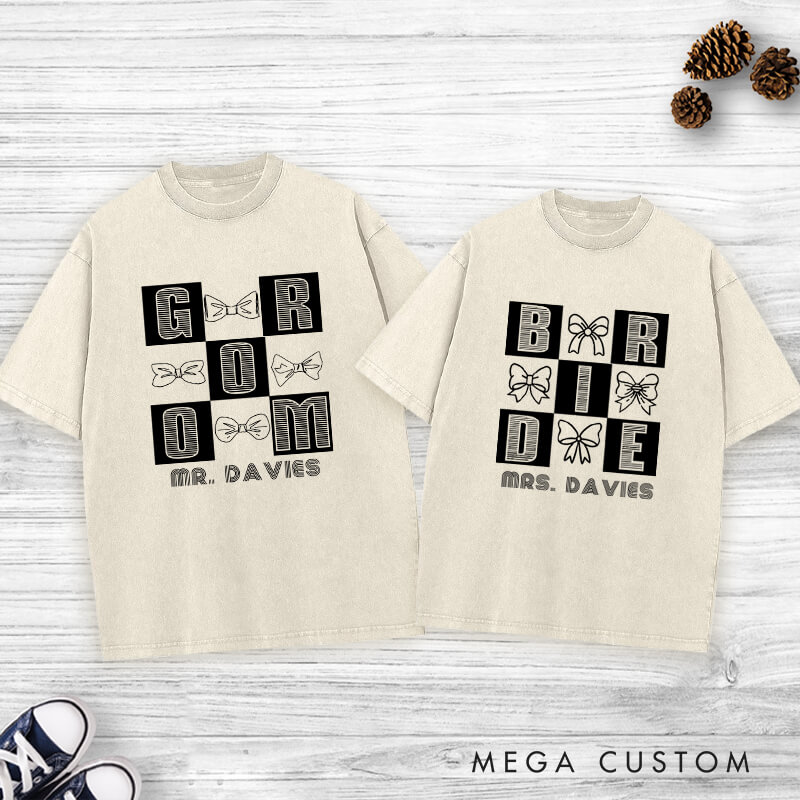 Personalized Chic Bow-Themed Bride and Groom Matching Wedding Couple Washed T-Shirt
