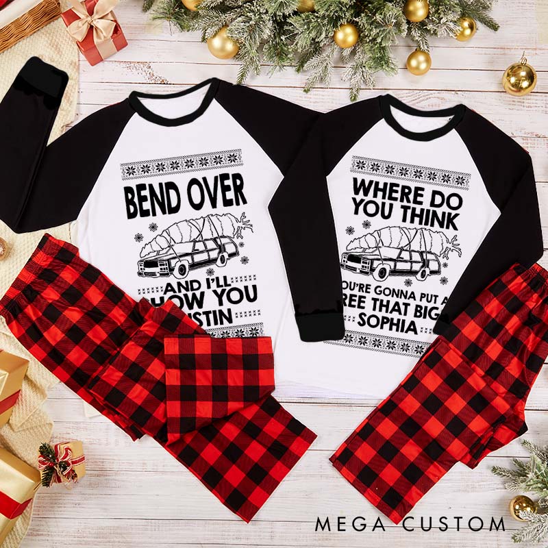 Personalized Couple Bend Over and I'll Show You Xmas Matching Pajamas Car Carrying a Christmas Tree Matching Pjs for Husband Wife Boyfriend Girlfriend