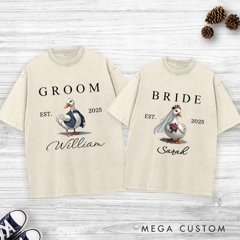 Personalized Bride and Groom Silly Goose Matching Wedding Couple Washed T-Shirt