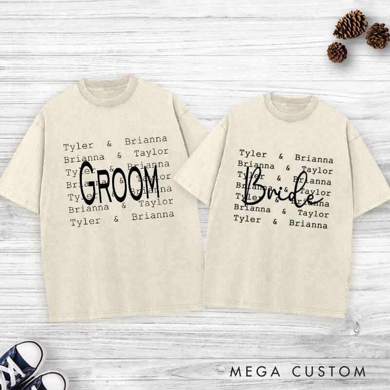 Personalized Modern Repetitive Text Bride and Groom Wedding Couple Washed T-Shirt
