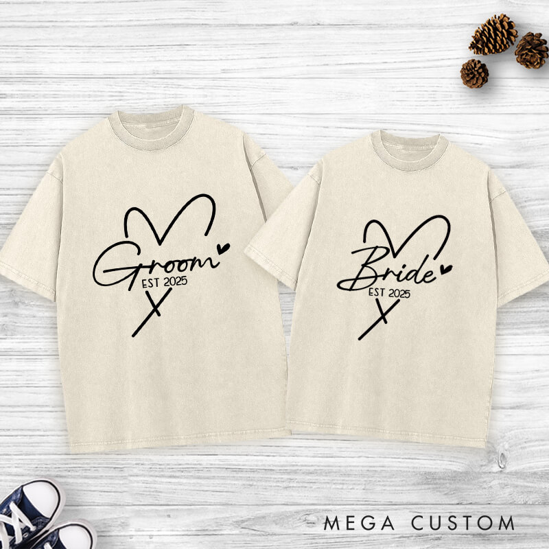 Personalized Bride and Groom with Heart Wedding Couple Washed T-Shirt