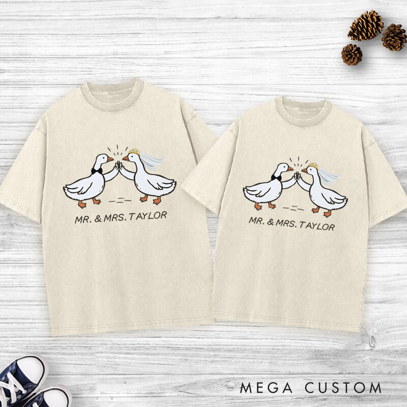 Personalized Mr and Mrs Silly Goose Bride and Groom Wedding Couple Washed T-Shirt