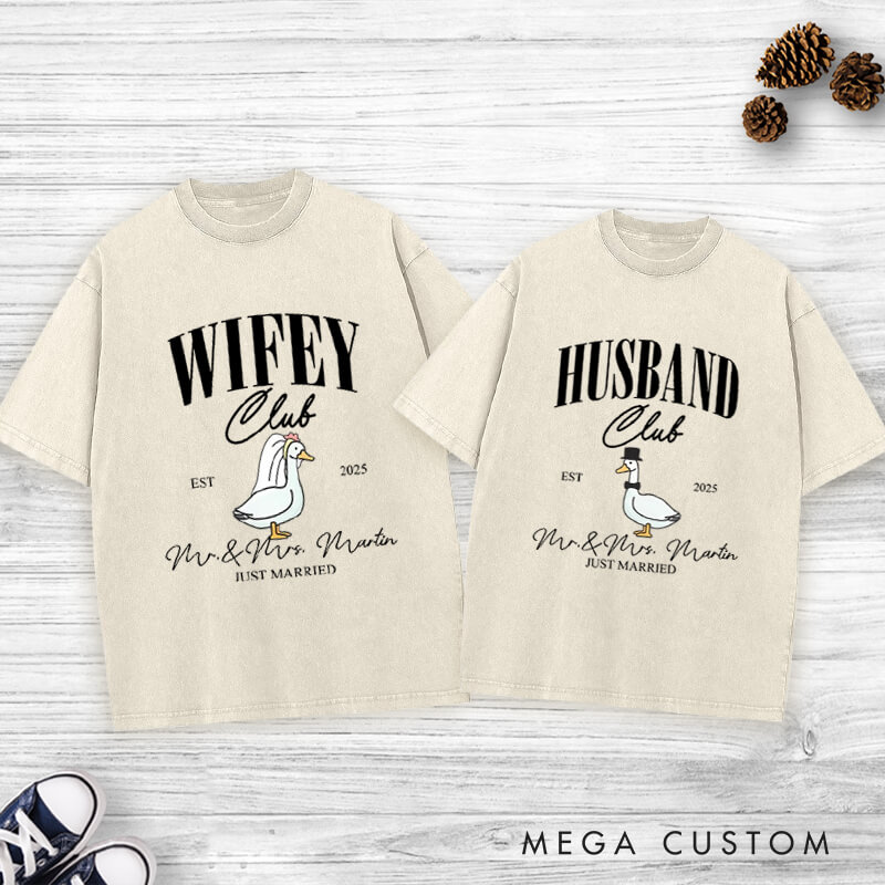 Personalized Just Married Husband and Wife Clubs Wedding Couple Washed T-Shirt
