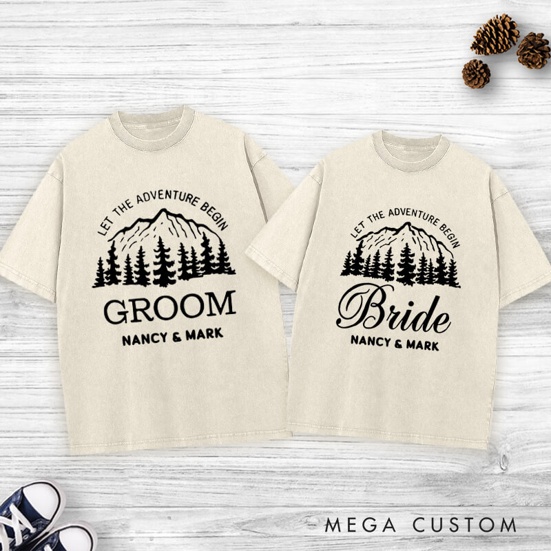 Personalized Mountain Serene Let The Adventure Begin Bride and Groom Wedding Couple Washed T-Shirt