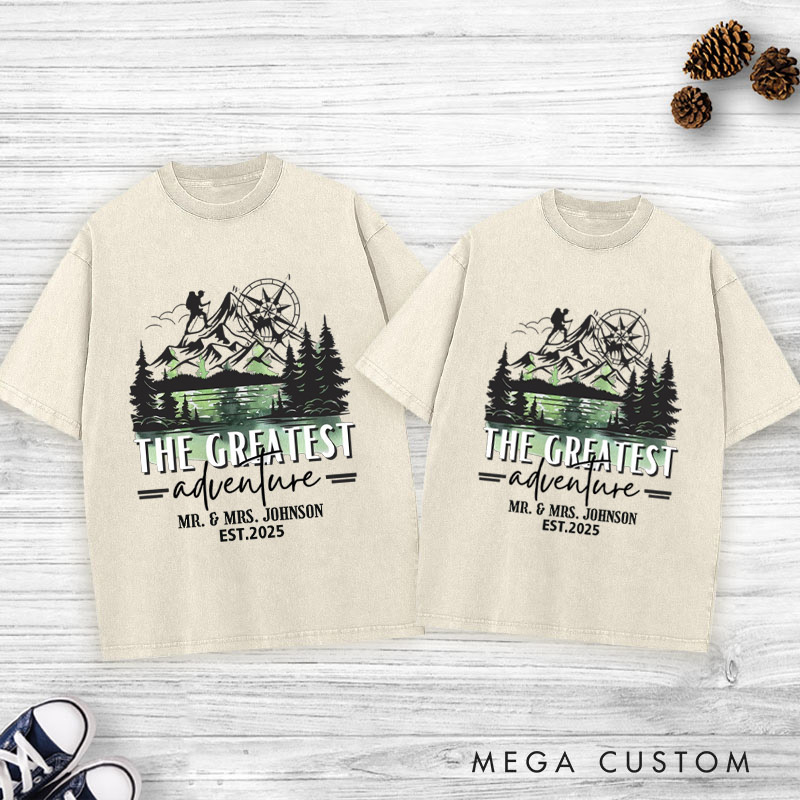 Personalized The Greatest Adventure Mr and Mrs Wedding Couple Washed T-Shirt