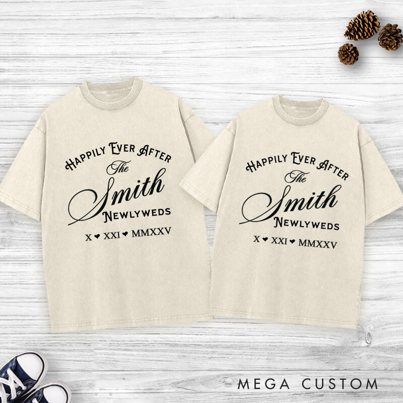 Personalized Newlyweds Happily Ever After Wedding Couple Washed T-Shirt