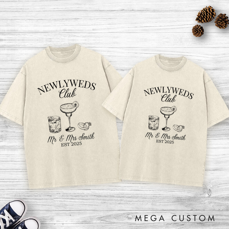 Personalized Rustic Newlyweds Club with Cocktails Mr and Mrs Wedding Couple Washed T-Shirt
