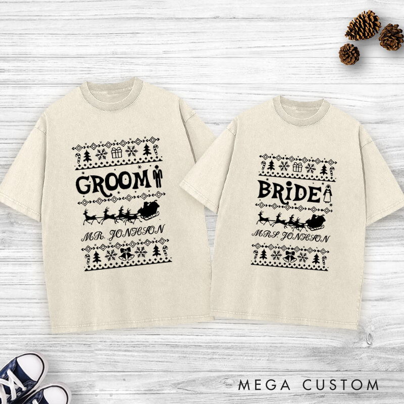 Personalized Christmas Bride and Groom with Reindeer and Sleighs Matching Wedding Couple Washed T-Shirt