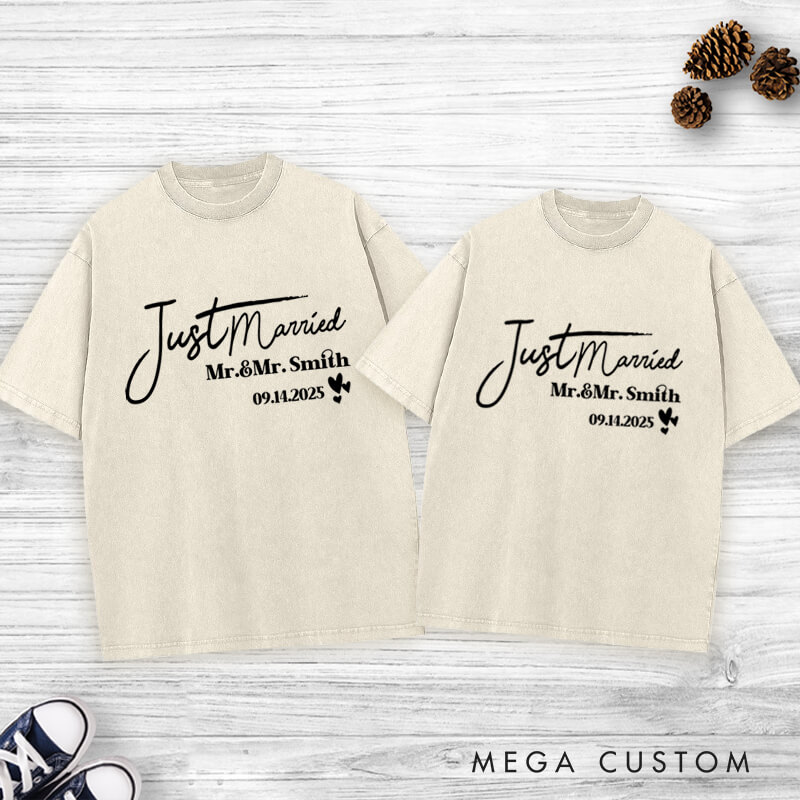Personalized Elegant Just Married Mr and Mrs with Hearts Wedding Couple Washed T-Shirt