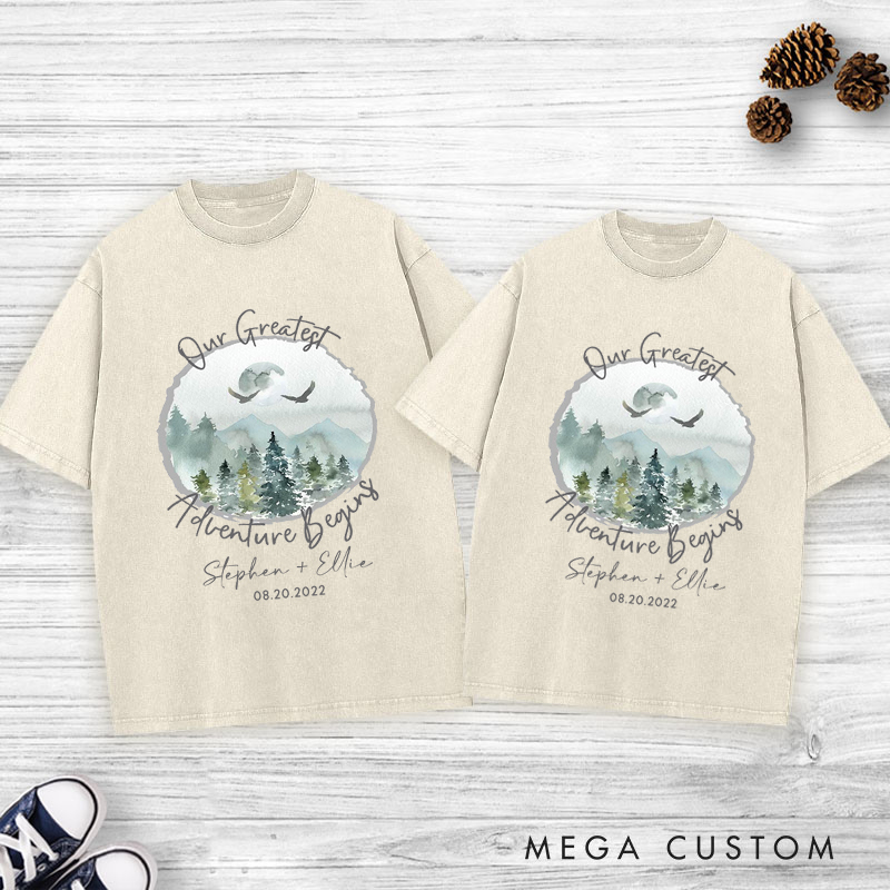 Personalized Romantic Nature Our Greatest Adventure Begins Wedding Couple Washed T-Shirt
