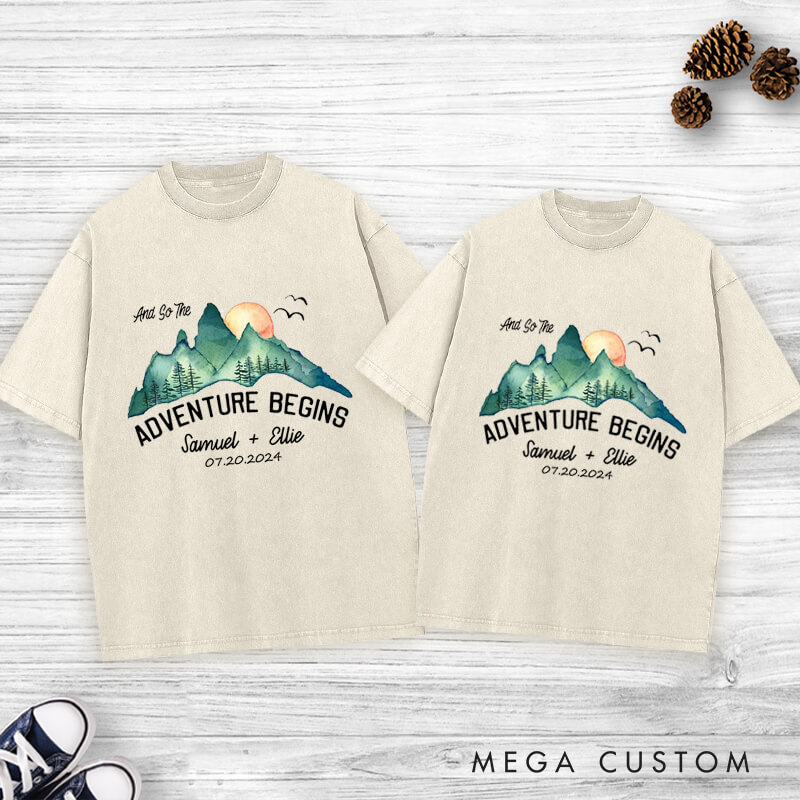 Personalized Scenic And So The Adventure Begins Newlyweds Wedding Couple Washed T-Shirt