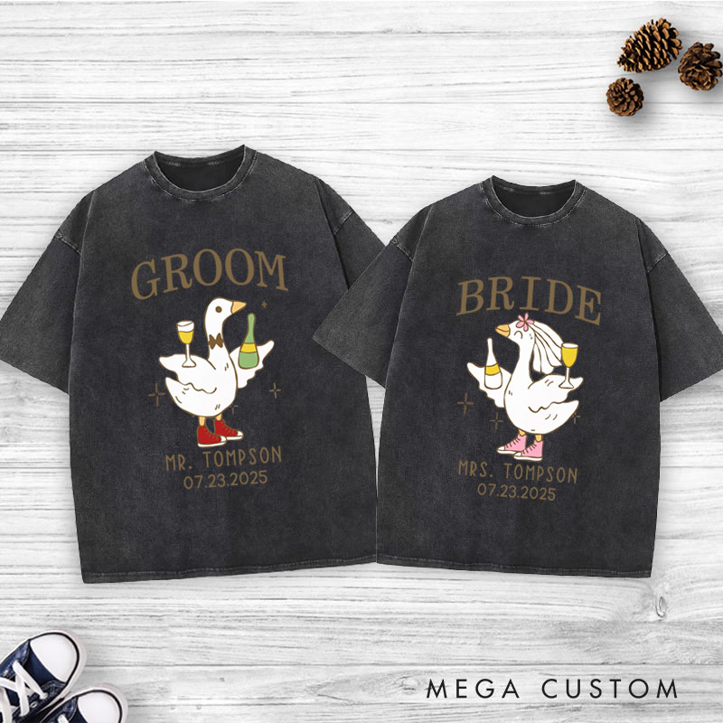 Personalized Lively Bride and Groom Silly Goose with Champagne Matching Wedding Couple Washed T-Shirt