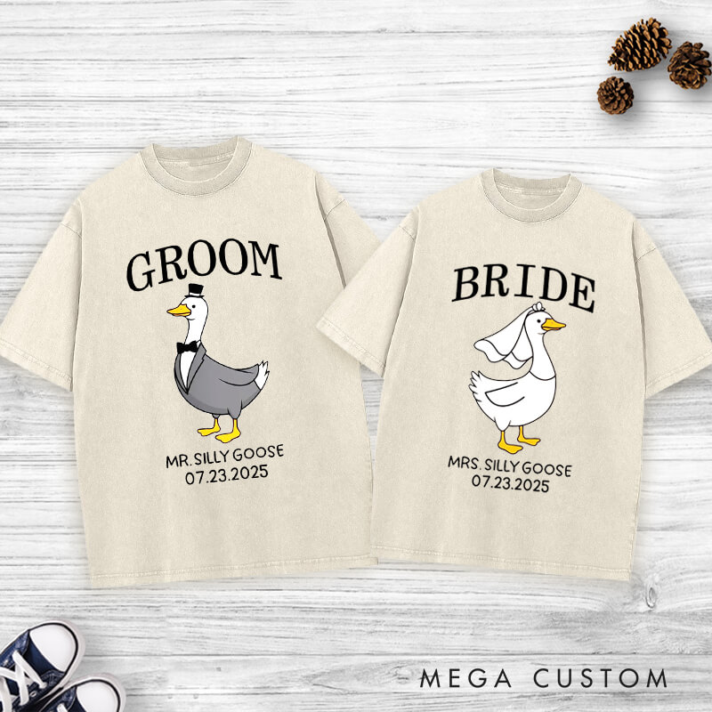 Personalized Bride and Groom Silly Goose Mr and Mrs Matching Wedding Couple Washed T-Shirt