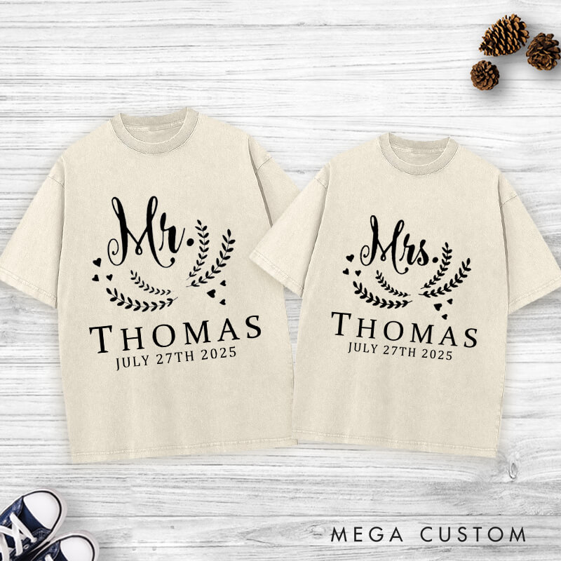 Personalized Graceful Mr and Mrs with Oliver Branches Matching Wedding Couple Washed T-Shirt