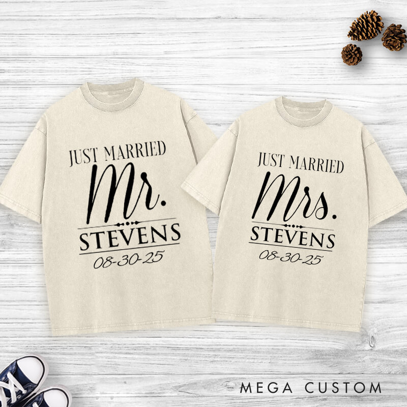 Personalized Elegant Just Married Mr and Mrs with Date Wedding Couple Washed T-Shirt