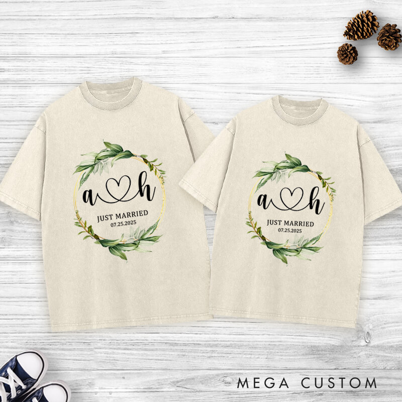 Personalized Romantic Botanical Just Married with Initials Wedding Couple Washed T-Shirt