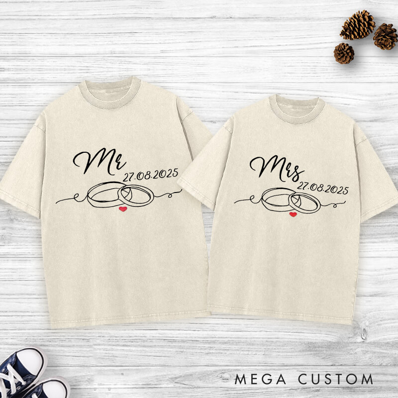 Personalized Elegant Mr and Mrs with Wedding Rings Matching Wedding Couple Washed T-Shirt