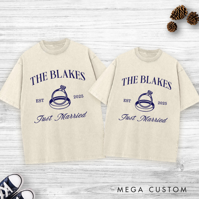 Personalized Elegant Just Married Wedding Rings Newlyweds Wedding Couple Washed T-Shirt