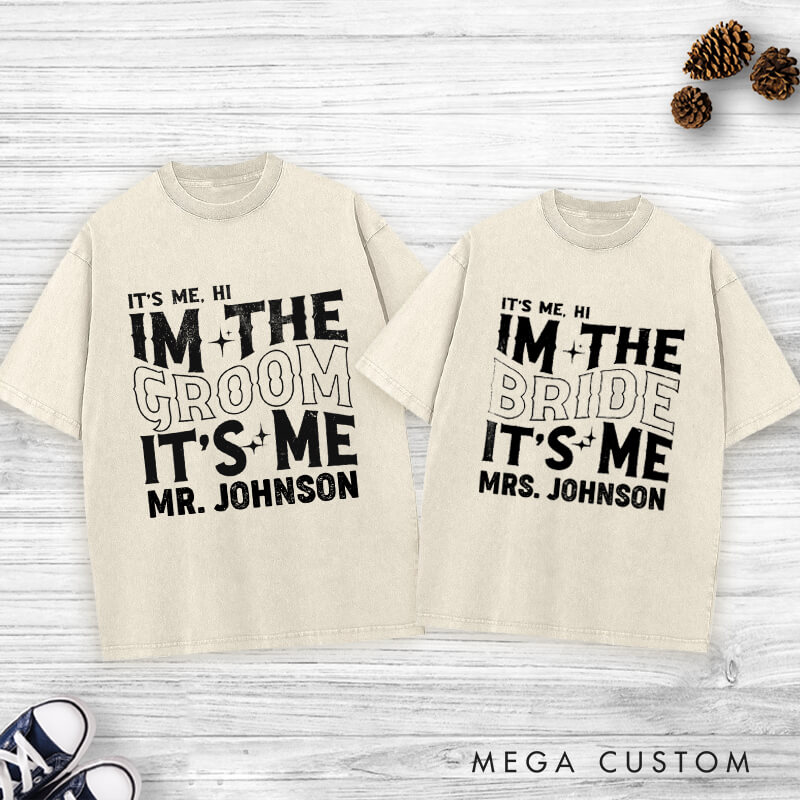 Personalized Modern Vintage It's Me Bride and Groom Matching Wedding Couple Washed T-Shirt