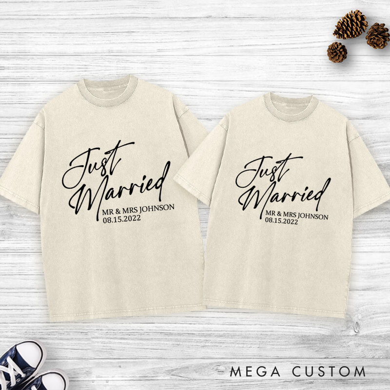 Personalized Modern Just Married Newlyweds Wedding Couple Washed T-Shirt